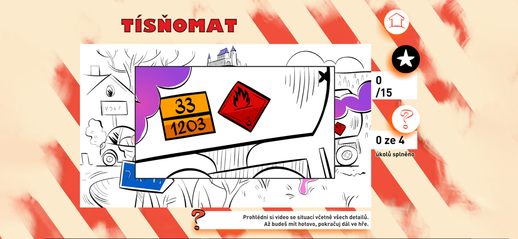 Tísňomat - nácvik volání - Pantalla de identificación de peligros en la aplicación de práctica de emergencias Tisnomat que muestra un camión con símbolos de seguridad.