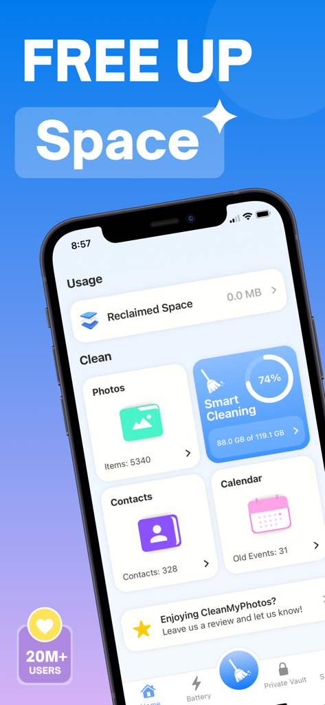 Clean Your Photos for iPhone - Interfaz de la aplicación Limpia tus Fotos en iPhone que muestra herramientas de gestión de almacenamiento y función de limpieza inteligente