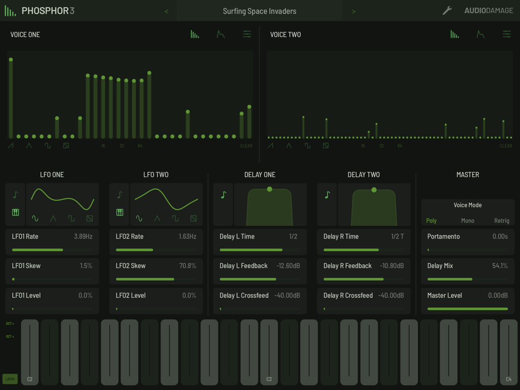 Phosphor 3 - Interfaz principal del sintetizador Phosphor 3 mostrando controles de voz y ajustes de modulación