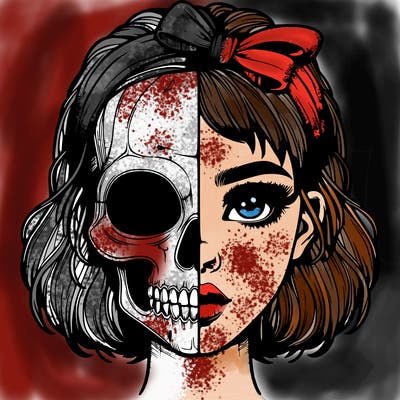 realistic girl with half skull mask