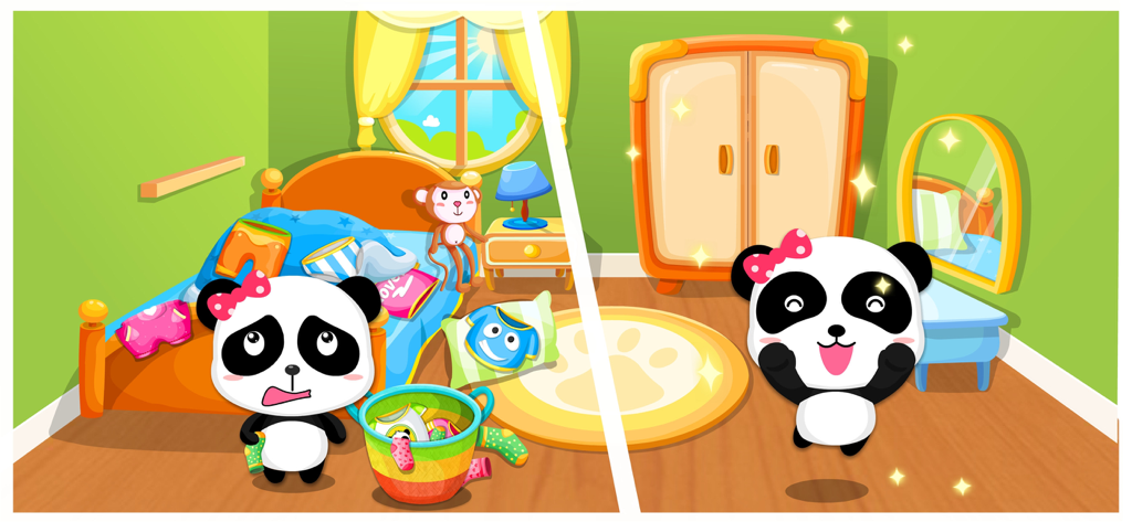 Get Organized-BabyBus - Un personaje de panda que muestra la transformación de una habitación desordenada a una habitación limpia y organizada.