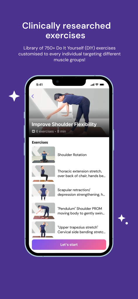 Mobile app interface displaying a list of clinically researched shoulder flexibility exercises including shoulder rotation and thoracic extension stretches.