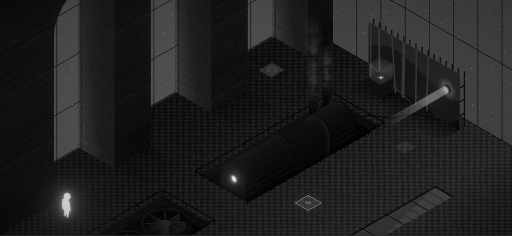 Eine leuchtende Figur in einem dunklen monochromen Industrieraum mit einem Lichtstrahl und Maschinen