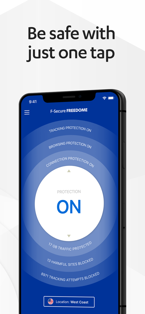 Interfaz de la aplicación F-Secure FREEDOME VPN mostrando protección activa y estadísticas de rastreo