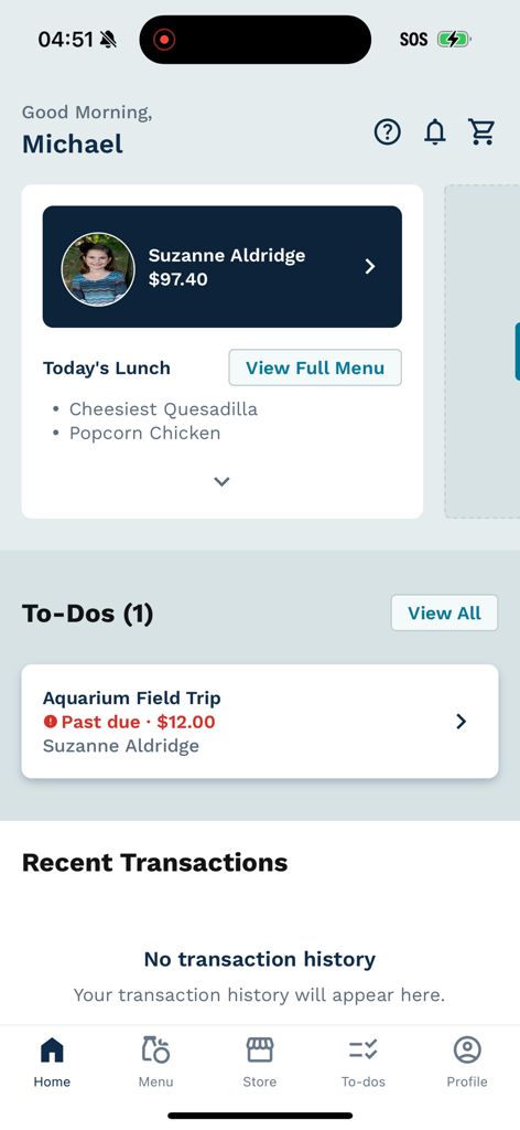 Dashboard dell'app mobile LINQ Connect che mostra il saldo del conto dello studente e il menu del pranzo scolastico