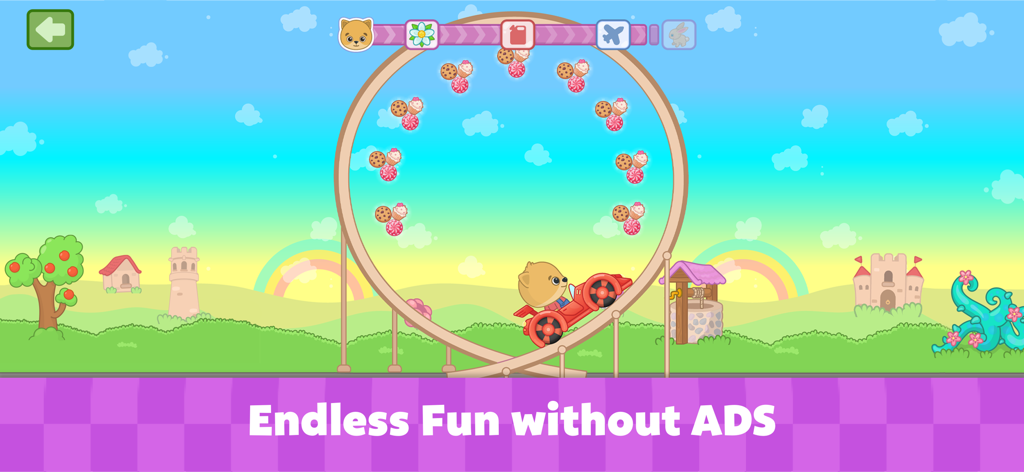 A character driving a red car on a loop track in a colorful cartoon landscape with a castle and rainbow