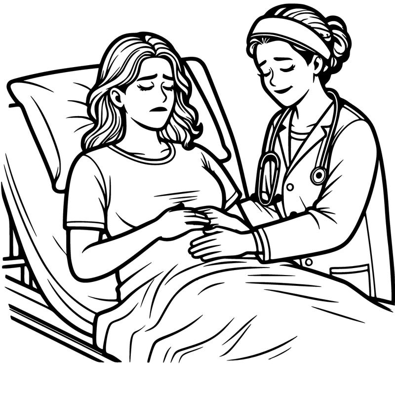 a woman on a hospital bed, giving birth in pain with nurse beside her realistic