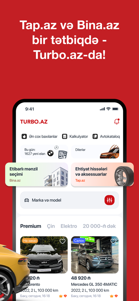 Turbo.az mobile app interface showing car listings and search features