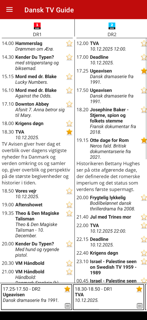 Danish TV schedules for DR1 and DR2 channels in the Dansk TV Guide app.
