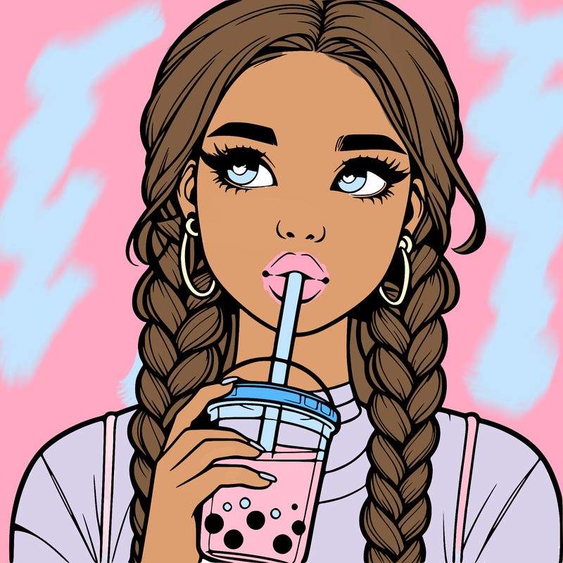 realistic girl with braided hair drinking boba