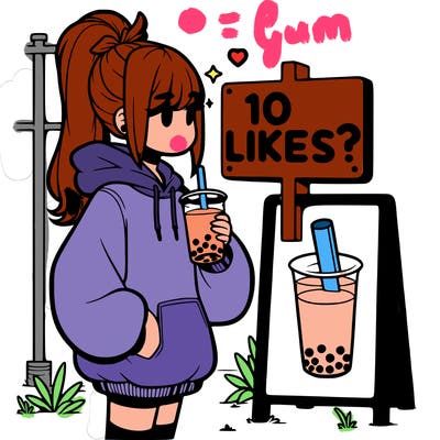 girl with oversized hoodie drinking boba and she has a high ponytail with a sign that says 10likes?