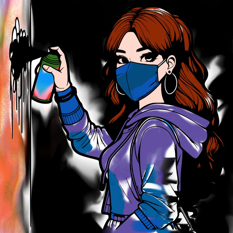 realistic girl with mask spray painting a wall