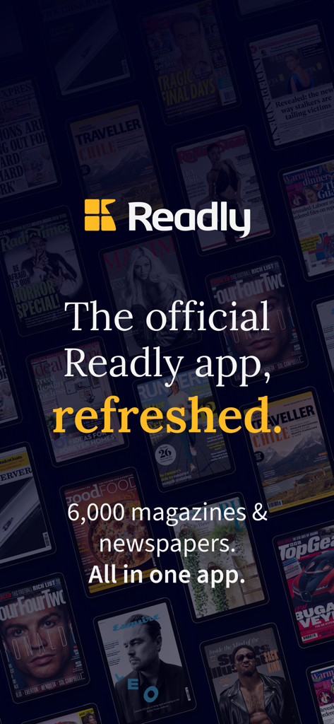 Readly: Newspapers & Magazines - Readly app home screen showing the official logo and a collection of six thousand magazines and newspapers in one app