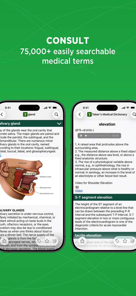 Taber's Medical Dictionary - Screenshot of the Tabers Medical Dictionary app interface showing anatomical diagrams and searchable medical terms on two mobile devices.