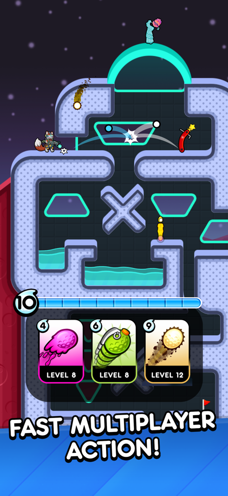 Gara di golf multigiocatore in tempo reale con livelli basati sulla fisica e carte potenziamento potenziabili.