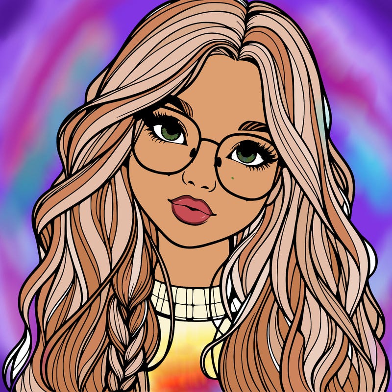 girl with long hair and freckles and glasses realistic