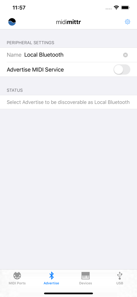 midimittr - Interfaz de la aplicación midimittr que muestra la configuración del periférico para anunciar servicios MIDI Bluetooth locales.