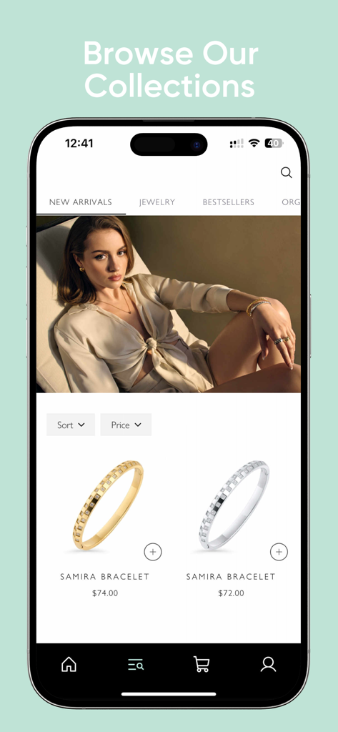 Mia Bijoux - Interface of the Mia Bijoux mobile app showing the Samira bracelet collection under the new arrivals section