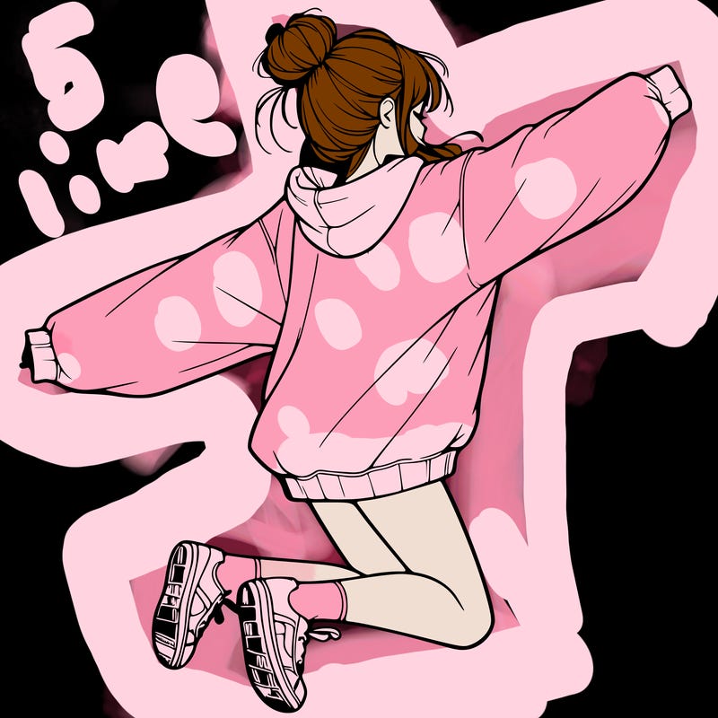 realistic girl jumping with a bun and oversized sweatshirt