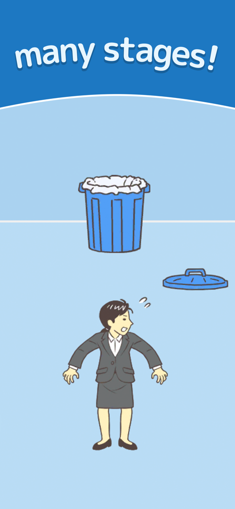 Skip Work! - Easy Escape! - Cartoon businesswoman in a suit looking surprised near a blue trash can in a puzzle game