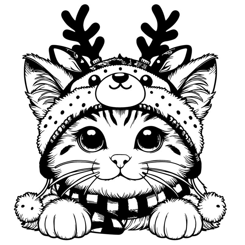 realistic cat wearing a wearing a rain deer head band