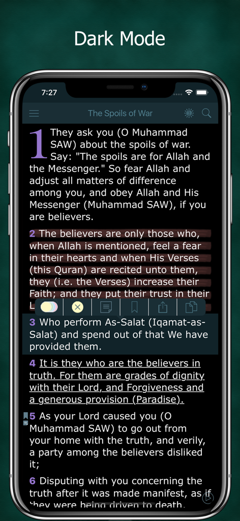 A smartphone screen displaying the Noble Quran app in dark mode with the English translation of Surah Al-Anfal.
