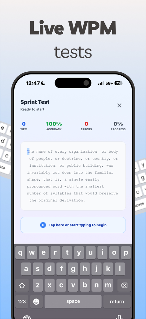 Type Speed: Typing Games Test - Type Speed app interface showing a typing sprint test with words per minute and accuracy statistics