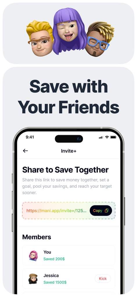 Piggy Bank - Mani - Interfaccia dell'app Mani che mostra una funzione di risparmio condiviso con amici e il progresso dei membri.