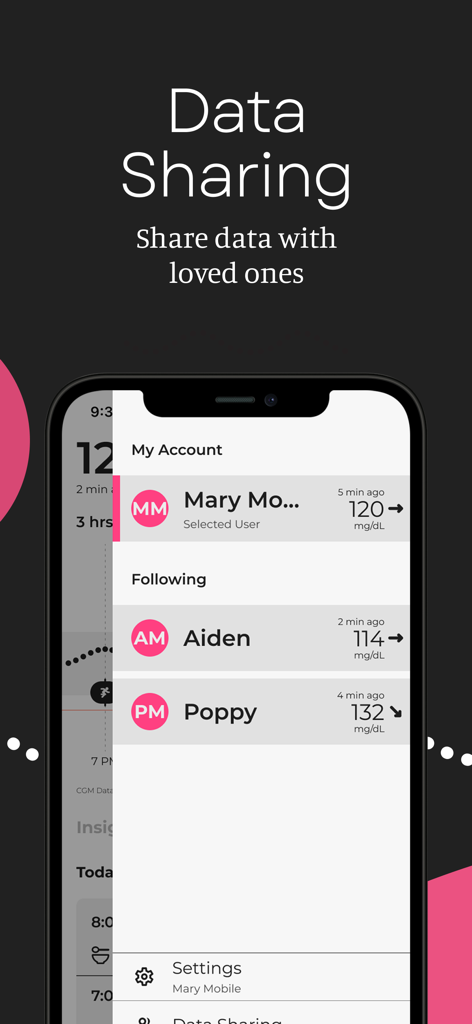 Sugarmate app interface showing real-time glucose data shared from multiple loved ones