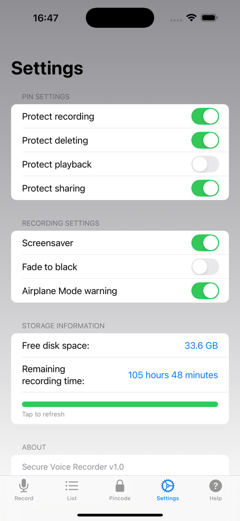 Settings screen of the Secure Voice Recorder app showing security options and storage information