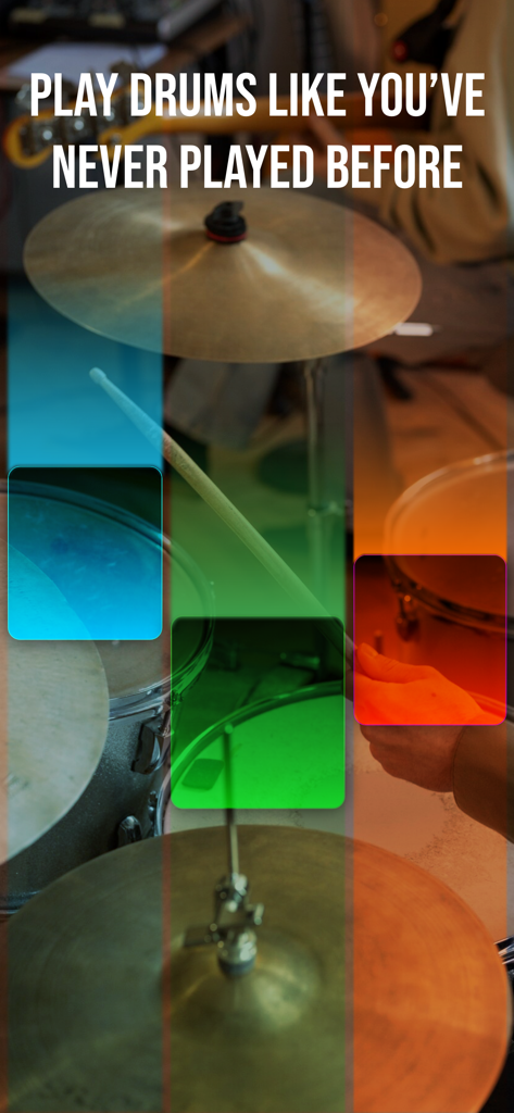 Drum Tiles: drumming game - Colorful rhythm tiles overlaying a drum kit in the Drum Tiles mobile game