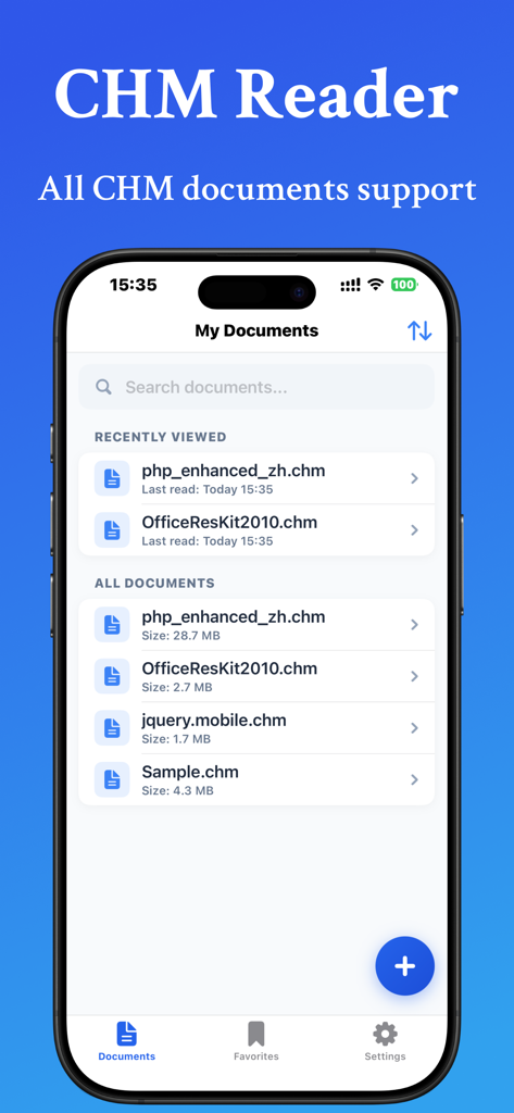Dashboard of the CHM Reader app showing a list of technical documents and recently viewed files on an iPhone interface