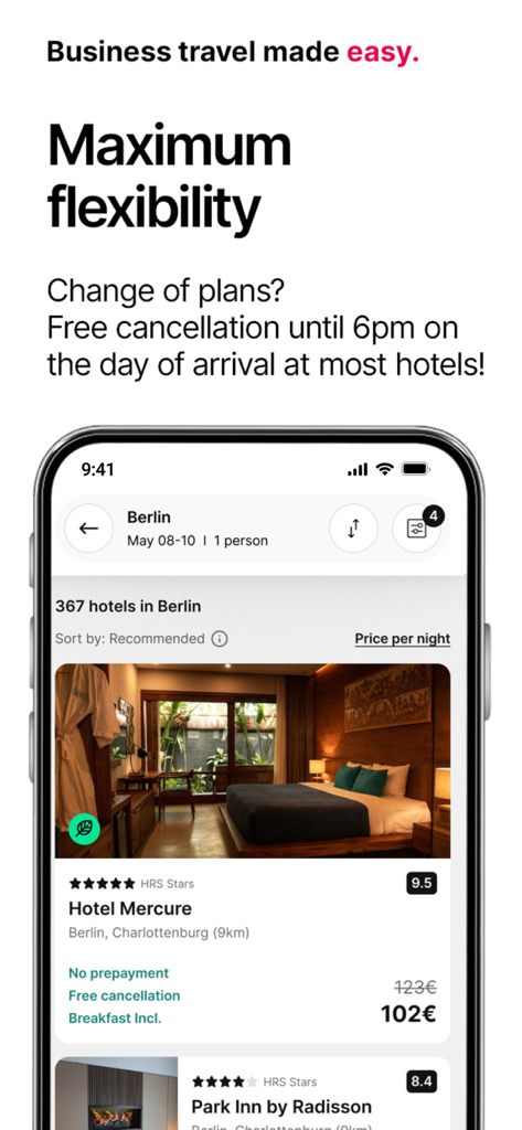 HRS: Find and book hotels - Schermata dell'app HRS che mostra i risultati di ricerca hotel con particolare attenzione alla massima flessibilità e cancellazione gratuita