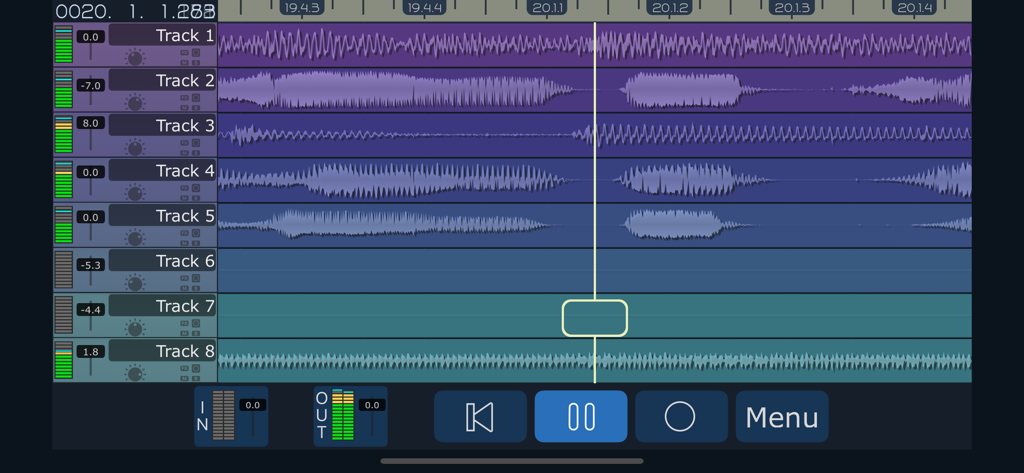 Professional multitrack audio recording interface with waveforms and VU meters