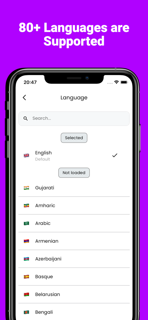 Aito AI: GPT & Gemini Chatbot - Mobile app interface showing a list of over 80 supported languages with flags for global accessibility