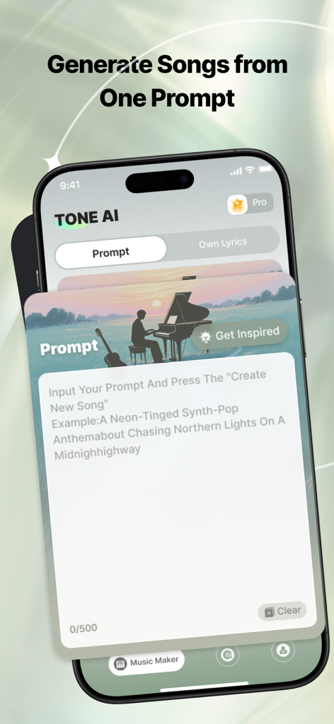 Tone AI app interface showing the feature to generate songs from a single text prompt