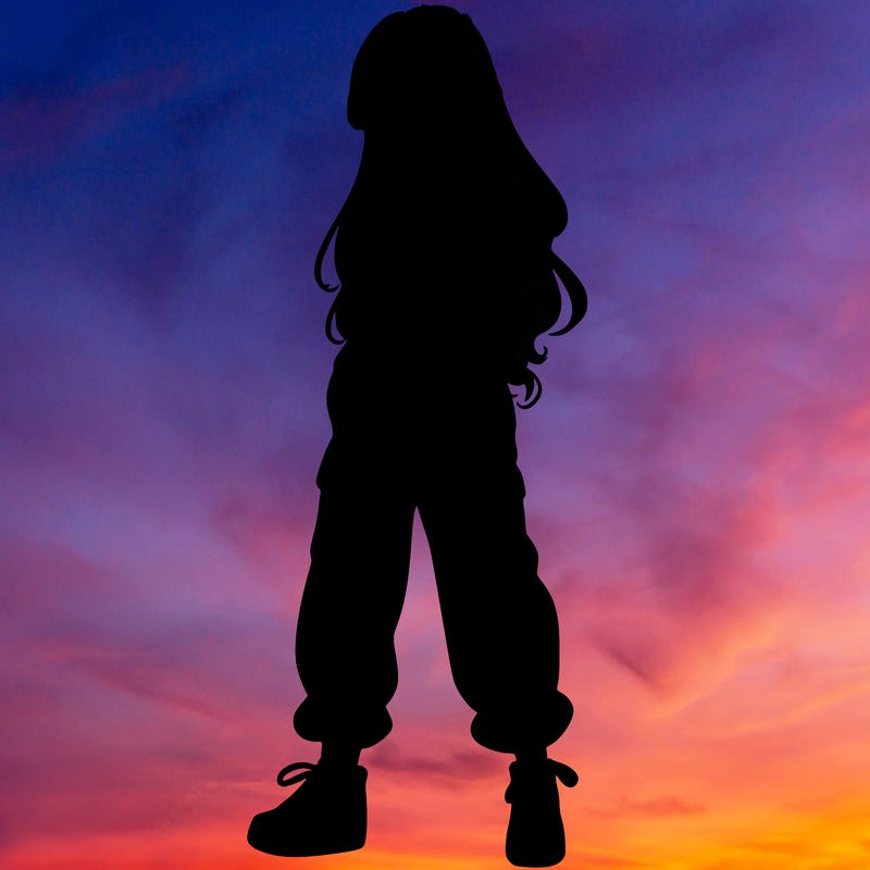 girl in baggy pants crop top and long hair