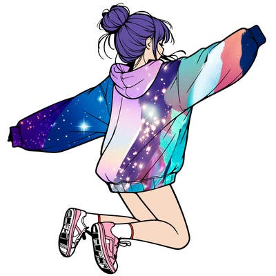 realistic girl jumping with a bun and oversized sweatshirt