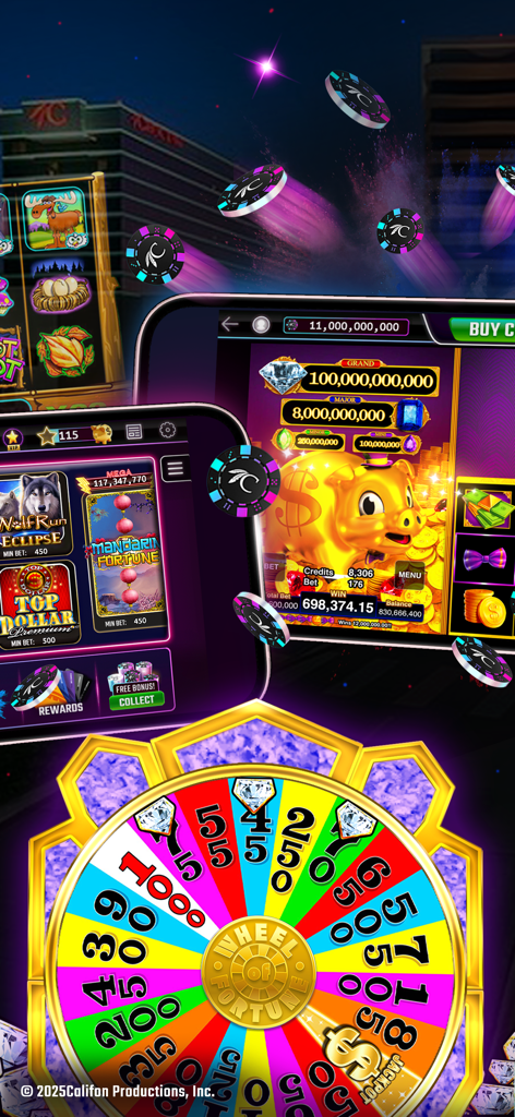 Choctaw Slots - Casino Games - Application mobile Choctaw Slots présentant une roue de la fortune colorée et divers jeux de machines à sous.