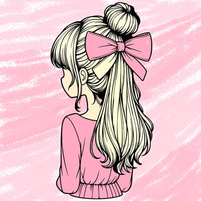 realistic girl  with hip length hair a bun and a big bow on the back of head