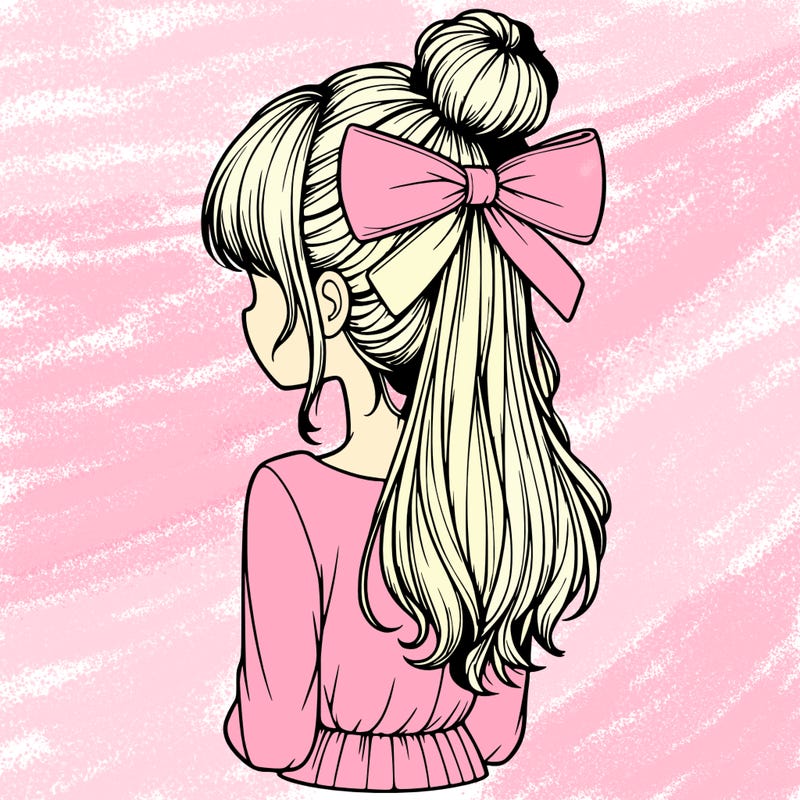 realistic girl  with hip length hair a bun and a big bow on the back of head