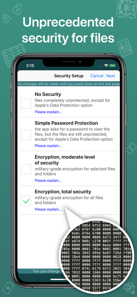 GoodReader Pro security setup screen showing options for military-grade file encryption.