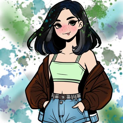 a realistic girl with a crop top and short shorts in an open jacket