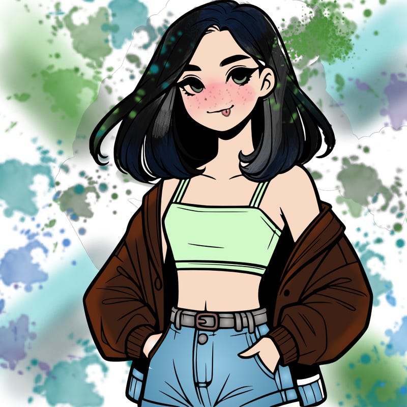 a realistic girl with a crop top and short shorts in an open jacket