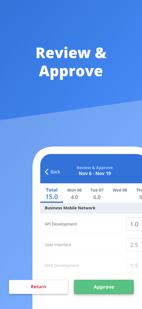 Clarity by Broadcom - Überprüfungs- und Genehmigungsbildschirm in der Clarity-Mobil-App, der die für Projektaufgaben erfassten Stunden anzeigt.