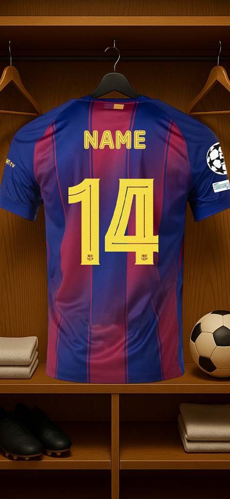 Make Your Football Jersey - A custom blue and red striped soccer jersey with the name and number 14 hanging in a locker room.