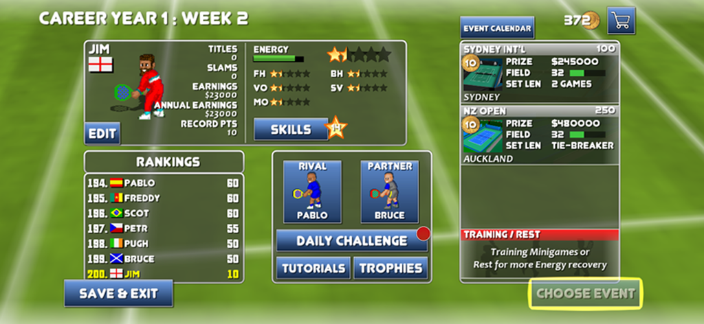 Tennis Champs Returns career mode interface showing player stats and rankings