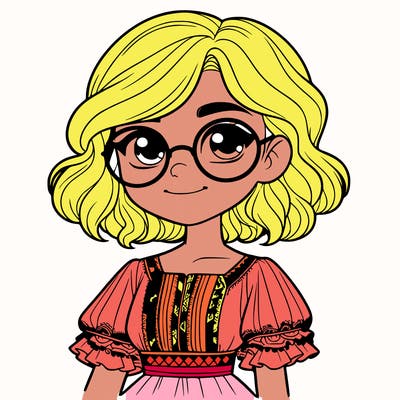 one girl with medium short hair, which are wavy. she has round glasses. she wears a latina outfit.