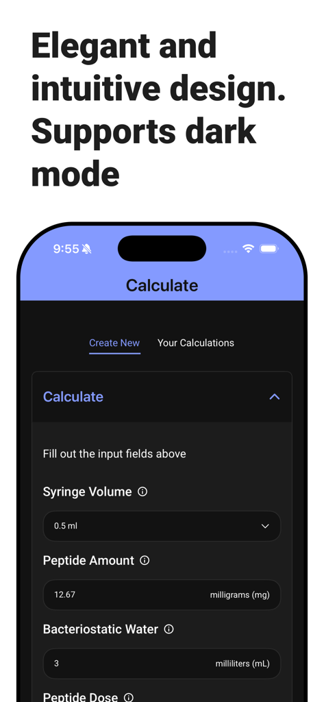 PepCal: Peptide Calculator - Interface do aplicativo móvel PepCal no modo escuro mostrando campos de cálculo de reconstituição de peptídeo para volume de seringa e quantidade de peptídeo