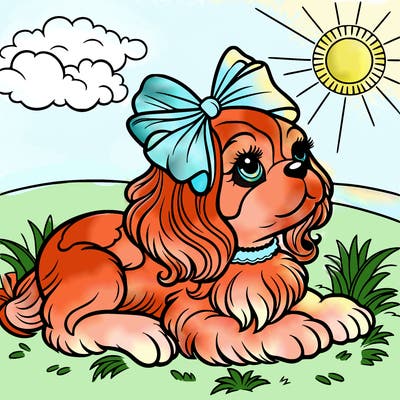 a cavalier king charles ruby puppy with a baby blue ribbon bow in hair basking in sun on a grassy knoll